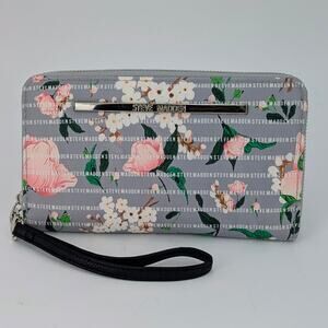Steve Madden Floral Zippered Wristlet Wallet Gray Pink Peony Organizer Clutch